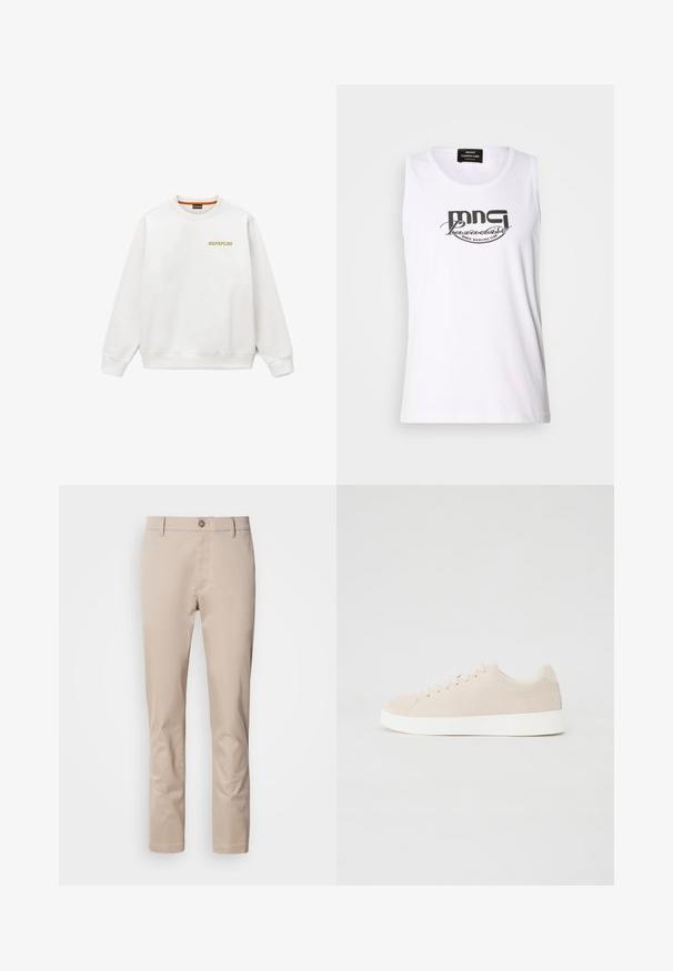 Witte crewneck trui met lange mouwen, geribbelde manchetten en zoom, en klein geel "NAPAPIJRI" logo op de linkerborst.; Witte mouwloze T-shirt van katoen, met een zwart grafisch druk van "MNG Paradise Disco Dancing Club" in een vet, gebogen lettertype.; Beige katoenen chino's met een rechte pasvorm, riemlussen, een enkele voorknoop en een gladde, niet-gestructureerde oppervlakte. Er zijn geen zichtbare zakken.; Beige suède sneakers met witte rubberen zolen, ronde neus en zes veterogen. Gladde textuur met minimalistisch ontwerp.