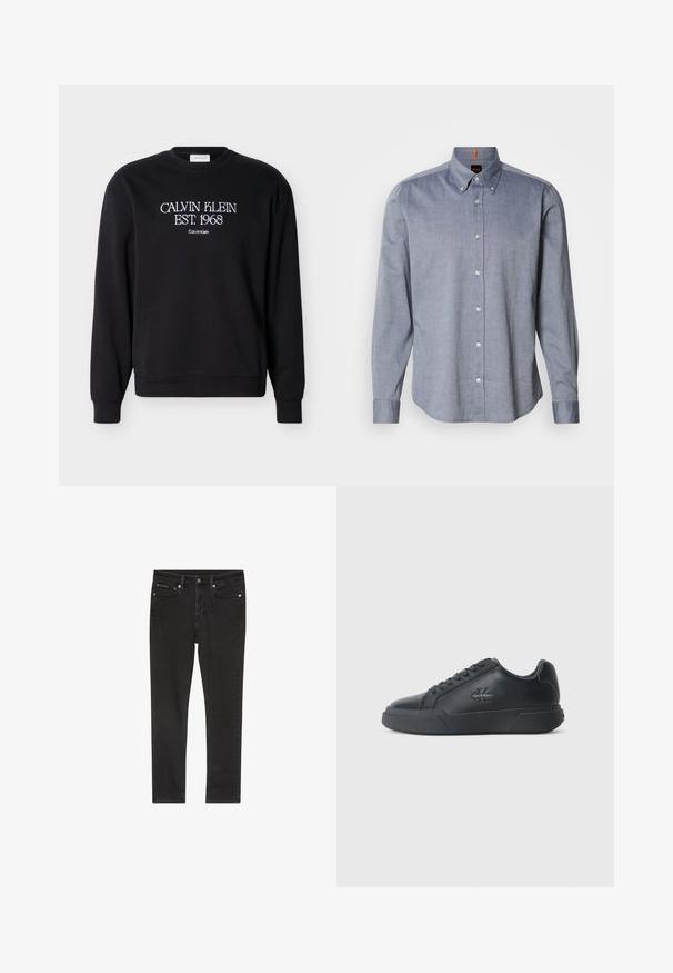 Must musta kaelusega pusa, millel on valge tekst "CALVIN KLEIN EST. 1968" ja väiksem "Calvin Klein" tikitud rinnale.; Sinine ruuduline nööbitav särk krae, pikkade varrukate ja valgete nööpidega. Omaduseks on kootud tekstuur ja oranž aktsent krael.; Mustad teksapüksid, kitsas lõige, neli taskut, metallist nööp ja kerge kulumise efekt. Sile tekstuur ja klassikaline disain.; Mustad mustkatsed on ümmarguse varvastega, lamedate tallaga ja paeltega disainiga. Märkimisväärsed detailid hõlmavad külje peal asuvat diskreetset logo.