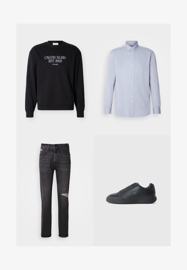 Sort crewneck-sweatshirt med hvid tekst "CALVIN KLEIN EST. 1968" og mindre "Calvin Klein" broderet på brystet.; Lyseblå langærmet skjorte med knaplukning lavet af bomuld med en blød textur, der har en klassisk krave og frontknapper.; Sorte denim jeans med lige ben-design, distressed detaljer ved knæene, fem-lommestil og en diskret falmet finish.; Sorte lædersneakers har en rund tå, flad sål og snørebåndsdesign. Bemærkelsesværdige detaljer inkluderer et diskret logo på siden.