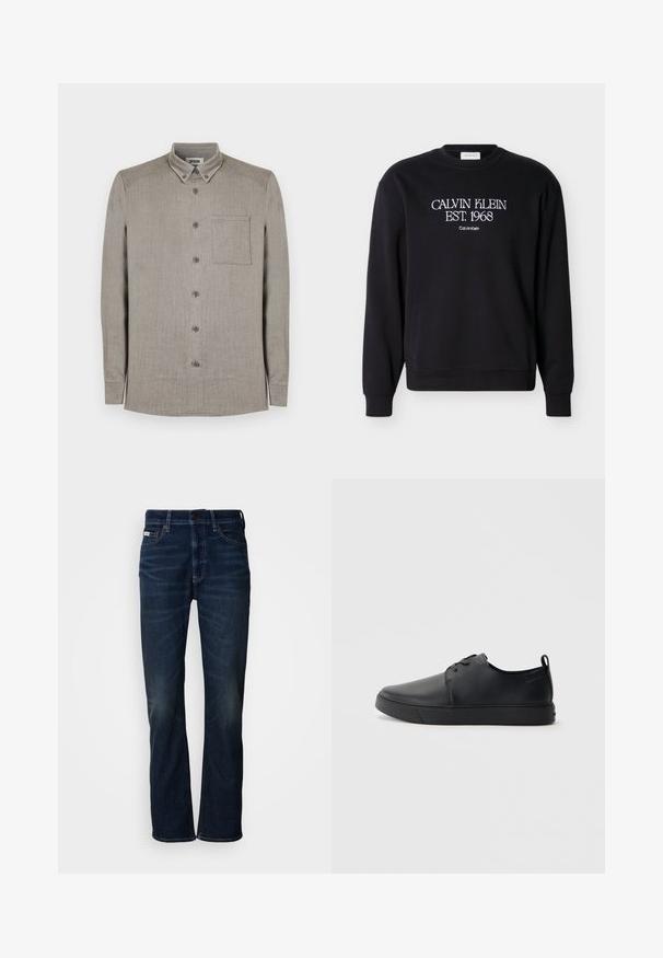Sweat-shirt à col rond noir avec texte blanc "CALVIN KLEIN EST. 1968" et plus petit "Calvin Klein" brodé sur la poitrine.; Chemise à manches longues avec boutons, en tissu gris clair à texture subtile, dotée d'un col classique et d'une poche plaquée sur la poitrine.; Jean en denim bleu foncé avec une coupe droite, présentant une légère décoloration, une fermeture à bouton et un style traditionnel à cinq poches.; Baskets en cuir noir avec une finition lisse, bout arrondi, coutures ton sur ton, devant à lacets et semelle plate en caoutchouc. Anse au talon.
