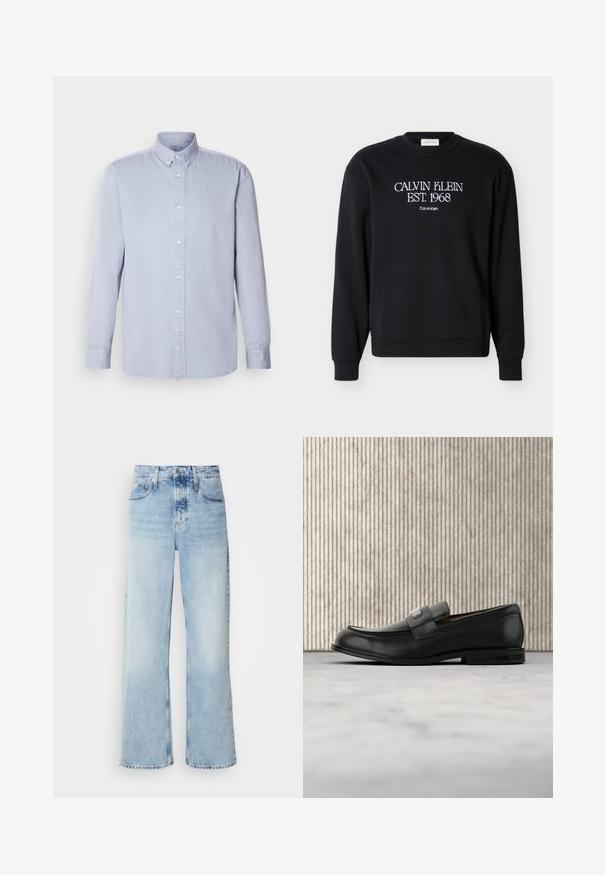 Must musta kaelusega pusa, millel on valge tekst "CALVIN KLEIN EST. 1968" ja väiksem "Calvin Klein" tikitud rinnale.; Heledad sinine pika varrukaga nööpidega puuvillane särk, millel on pehme tekstuur, klassikaline krae ja esiküljel nööbid.; Heled sinine laia säärega teksapüksid kõrge vöökohaga, millel on tuhm viimistlus, vööaugud ja klassikaline viie tasku disain. Säär on toor.; Mustast nahast loafer metallist brändiplaadiga, mis asub pruunist ümarast lauast lähedal beežil vaibaga kaetud põrandal.