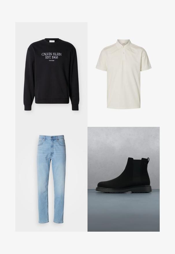 Schwarzer Sweatshirt mit Rundhalsausschnitt und weißem Text "CALVIN KLEIN EST. 1968" sowie kleinerer Stickerei "Calvin Klein" auf der Brust.; Kurzärmliges Poloshirt in Off-White mit zwei Knöpfen und geripptem Kragen, dargestellt vor weißem Hintergrund.; Hellblaue Jeans mit geradem Schnitt, fünf Taschen und Gürtelschlaufen. Der Stoff hat eine glatte Textur mit einem leichten Verblassungseffekt.; Schwarze Knöchelstiefel aus glattem Material mit subtilen Nähten, einer Gummisohle und einem eleganten Design, platziert auf einer Oberfläche mit Holzstruktur.