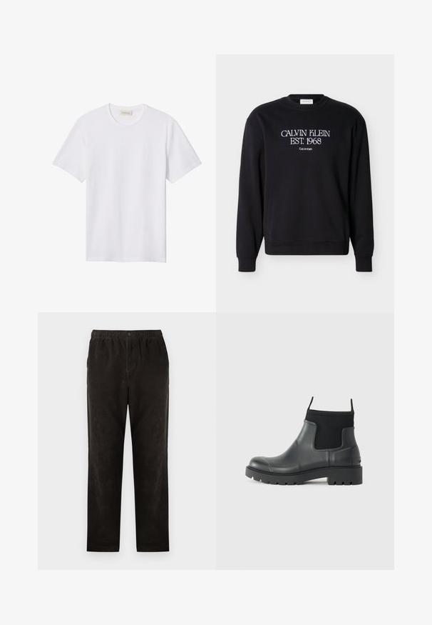 Sort crewneck-sweatshirt med hvid tekst "CALVIN KLEIN EST. 1968" og mindre "Calvin Klein" broderet på brystet.; Hvidt ensfarvet T-shirt med korte ærmer og rund hals, med lille præget logo på venstre bryst og mærke indeni kraven.; Sorte fløjlstræksbukser med lige ben-design, der har en elastisk talje og en enkelt knaplukning. Glat tekstur, minimalistisk detaljer.; Sorte ankelstøvler lavet af gummi med en mat finish, der har et strømlinet design, elastiske paneler og en kraftig sål for godt greb.