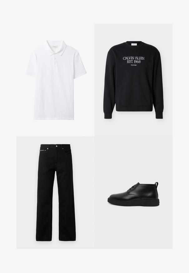Schwarzer Sweatshirt mit Rundhalsausschnitt und weißem Text "CALVIN KLEIN EST. 1968" sowie kleinerer Stickerei "Calvin Klein" auf der Brust.; Weißes kurzärmeliges Poloshirt mit Kragen und dreiknöpfiger Knopfleiste, einfarbige Vorderseite und einem kleinen Calvin Klein Jeans Etikett innen am Kragen.; Schwarze Denim-Jeans mit geradem Bein, fünf Taschen und einem Logotag auf der Vorderseite, mit Metallbeschlägen und einer glatten Textur.; Schwarzer knöchelhoher Schnürschuh aus Leder mit dicker Gummisohle und Zuglasche an der Ferse, im Seitenprofil vor einfarbigem Hintergrund gezeigt.