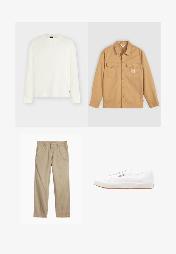 Wit geribd shirt met lange mouwen, een ronde hals en aansluitende manchetten. Voorzien van een klein logolabel aan de onderkant aan de linkerkant. Zachte textuur.; Tan button-up shirt met lange mouwen, twee borstzakken en een klein label. Gemaakt van katoen met een gladde textuur en een klassiek kraagontwerp.; Beige rechte pijpen chinos met riemlussen, voorkant met knoop en rits sluiting, en schuine voorzakken.; Witte canvas sneakers met een rubberen zool, vetersluiting en een klein logolabel aan de zijkant. Gewreven wit bovenwerk en een bruine zool.