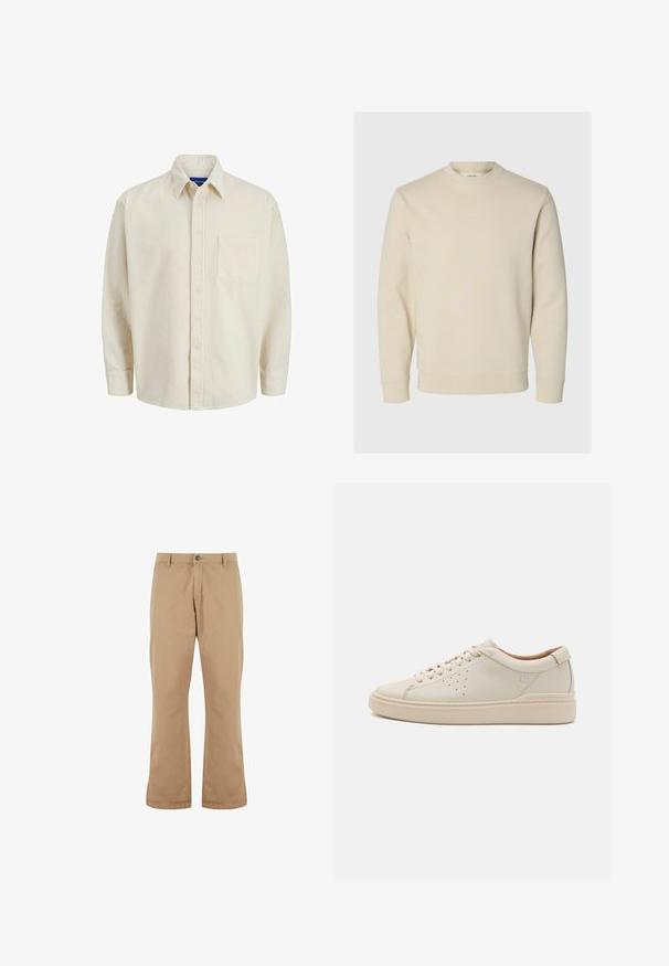 Langærmet cremefarvet sweatshirt med rund halsudskæring, ribbet manchetter og kant, vist på en enkel lys baggrund.; Beige corduroy skjorte med knaplukning foran, krave, lange ærmer og en enkelt brystlomme. Har smalle lodrette striber.; Beige bomuldsbukser med lige pasform, der har knaplukning, forlommer og en glat tekstur.; Beige læder sneakers med rund tå, flade snørebånd, perforerede side detaljer og en tyk, tekstureret gummisål. Naturlig læderforing.