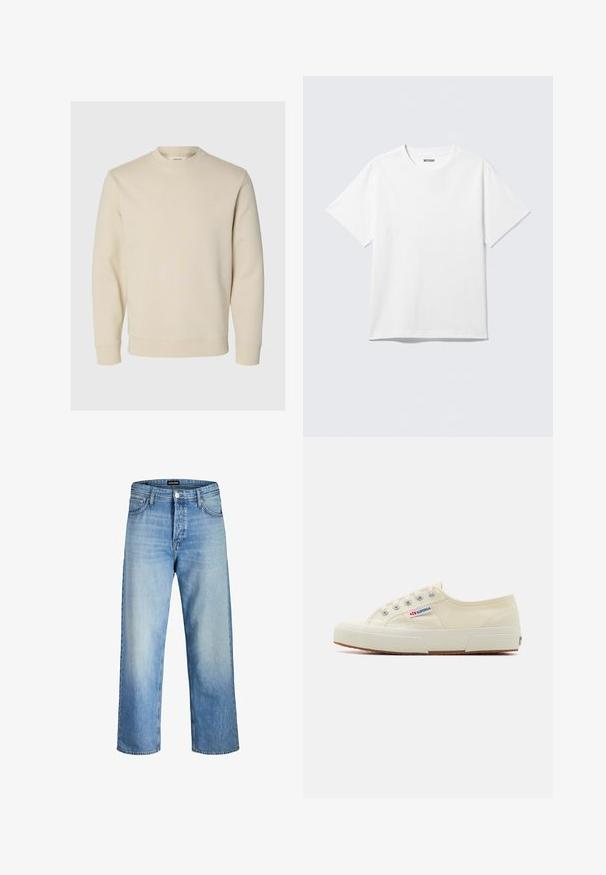 Crèmekleurige sweater met lange mouwen en ronde hals met geribde boorden en zoom, afgebeeld op een eenvoudige lichte achtergrond.; Witte T-shirt met korte mouwen en ronde hals, plat gelegd, effen ontwerp, met een "WEEKDAY" label in de kraag op een lichte achtergrond.; Lichtblauwe denim jeans met een ontspannen pasvorm, voorzien van een hoge taille, voorkwamen en een rechte pijp, met subtiele vervaging.; Beige canvas sneaker met een laag profiel, metalen oogjes en rubberen zool. Beschikt over een textuurpatroon en logodetail aan de zijkant.