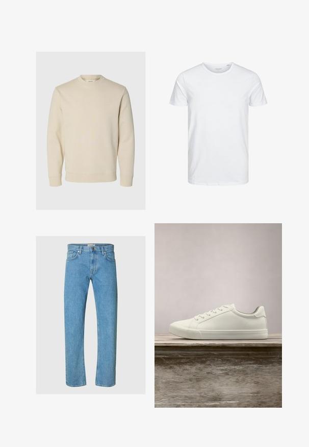 Langærmet cremefarvet sweatshirt med rund halsudskæring, ribbet manchetter og kant, vist på en enkel lys baggrund.; Rundhals kortærmet t-shirt i ensfarvet hvid, lavet af blød bomuld, har et simpelt design uden synlige mønstre eller detaljer.; Lysblå denimjeans har et lige ben-design, fem-lomme stil og en lynlås med metalknaplukning.; Hvide snørresneakers svævende over en træbænk med grønne planter i baggrunden, der fremhæver skodesign og tekstur.