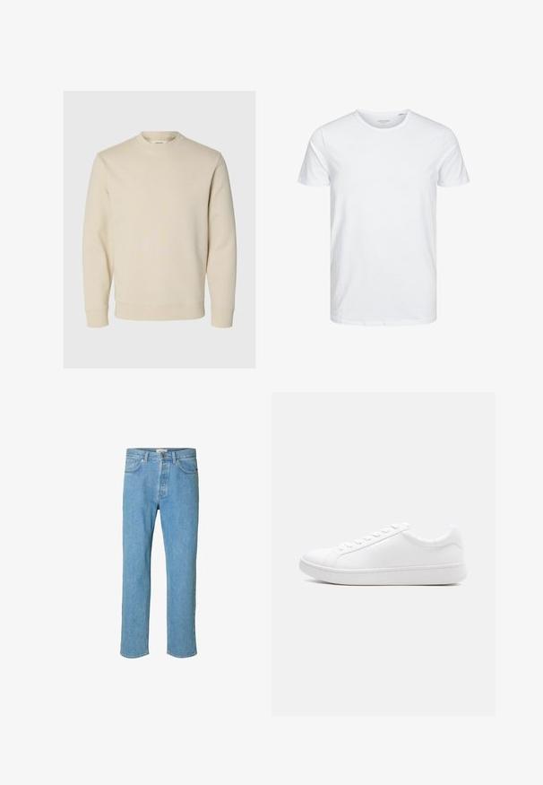 Sudadera de manga larga color crema con cuello redondo, puños y bajo acanalados, presentada sobre un fondo claro liso.; Camiseta de manga corta y cuello redondo en blanco sólido, fabricada en algodón suave, presenta un diseño simple sin patrones ni acentos visibles.; Jeans de mezclilla azul claro con un diseño de pierna recta. Las características incluyen una bragueta con botón, cinco bolsillos y detalles cosidos a lo largo de las costuras.; Zapatilla blanca de cuero liso con cierre de cordones, diseño bajo y suela gruesa de caucho, vista lateral sobre un fondo liso.