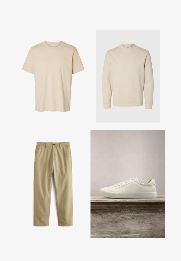 Sudadera de manga larga color crema con cuello redondo, puños y bajo acanalados, presentada sobre un fondo claro liso.; Camiseta beige de manga corta con cuello redondo y diseño sencillo, hecha de tela suave.; Pantalones beige de mezcla de algodón, con cierre de botón, dos bolsillos delanteros y piernas rectas con textura mínima.; Zapatilla blanca con cordones flotando sobre un banco de madera con follaje verde al fondo, mostrando el diseño y la textura del zapato.