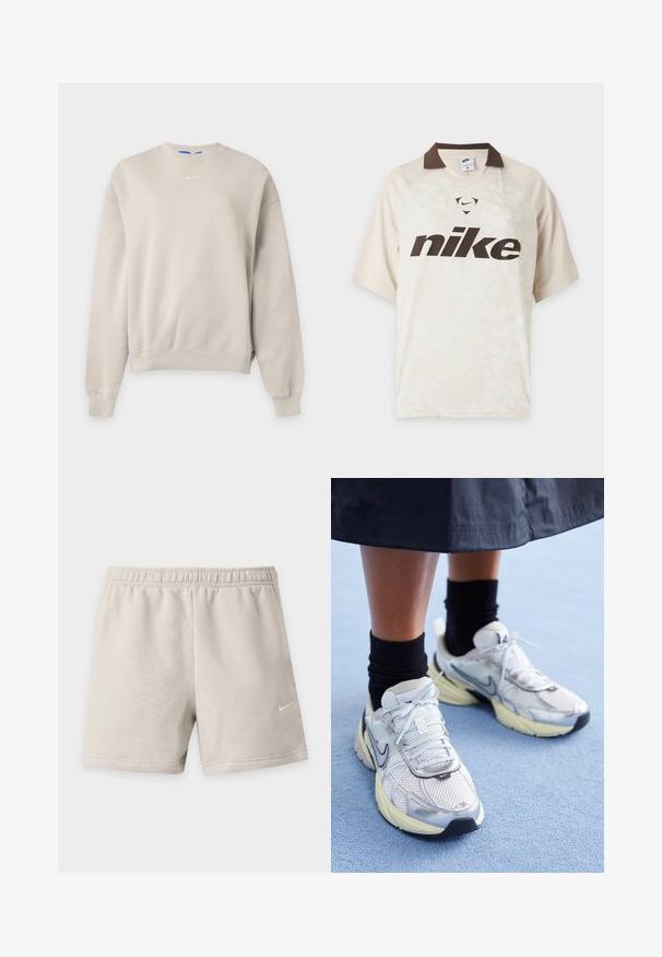 Lysebeige Nike crewneck sweatshirt med lange ærmer, ribstrikkede manchetter og kant samt et lille hvidt Nike swoosh-logo på brystet.; Lysebeige Nike t-shirt med korte ærmer, mørkebrun krave og stort mørkebrun Nike-logo på forsiden.; Lyse beige atletikshorts med elastisk talje og lille hvid Nike Swoosh-logo på nederste højre ben.; Hvide og sølv Nike sneakers med mesh-stof, reflekterende detaljer og en beige sål. Bæres med sorte sokker og står på en blå overflade.