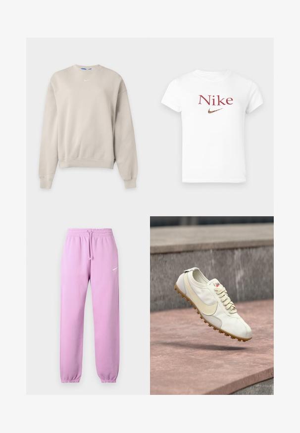Lysebeige Nike crewneck sweatshirt med lange ærmer, ribstrikkede manchetter og kant samt et lille hvidt Nike swoosh-logo på brystet.; Hvid kortærmet t-shirt med rød "Nike" tekst og en leopardprint Nike swoosh-logo centralt på brystet.; Lyse lilla Nike joggingbukser med elastisk taljebånd, justerbar snor, elastiske manchetter og hvid Nike swoosh-logo på venstre lår.; Hvid og beige atletiksko med snørebånd og gummisål, svævende over en stenovertag med en sløret betonbaggrund.