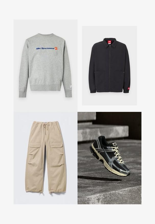 Ανοιχτό γκρι φούτερ Nike με μπλε κείμενο "Nike Sportswear" και μικρό πορτοκαλί λογότυπο Nike στο στήθος, λευκό λογότυπο Nike στο αριστερό μανσέτα του καρπού.; Μαύρο μπουφάν με φερμουάρ και γιακά, δύο μπροστινές τσέπες, ελαστικές μανσέτες και μικρή κόκκινη ετικέτα με λογότυπο στο αριστερό μανίκι.; Μπεζ cargo παντελόνια με φαρδιά μπατζάκια, ελαστική μέση με κορδόνι και τελειώματα στα πόδια, τσέπες με καπάκια στους μηρούς και πλαϊνές τσέπες με σχισμές.; Μαύρο και γκρι αθλητικό παπούτσι τρεξίματος Nike με κρεμ κορδόνια που αιωρείται πάνω από μια υφή από σκυρόδεμα.