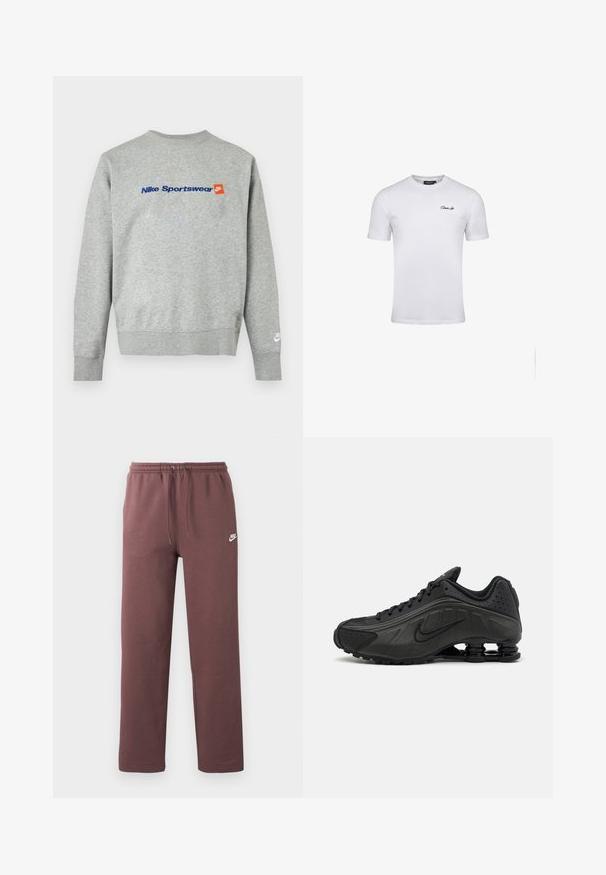 Ανοιχτό γκρι φούτερ Nike με μπλε κείμενο "Nike Sportswear" και μικρό πορτοκαλί λογότυπο Nike στο στήθος, λευκό λογότυπο Nike στο αριστερό μανσέτα του καρπού.; Απλό λευκό κοντομάνικο μπλουζάκι με μικρό μαύρο λογότυπο με σκριπτ στην αριστερή πλευρά του στήθους και στρογγυλή λαιμόκοψη.; Καφέ φόρμα Nike με ελαστική μέση και κορδόνι, με μικρό λευκό λογότυπο Nike στο αριστερό μηρό.; Μαύρα αθλητικά παπούτσια με λείο συνθετικό άνω μέρος, διάτρητες λεπτομέρειες, υφή στις πλευρές και ξεχωριστή ελαστική σόλα.