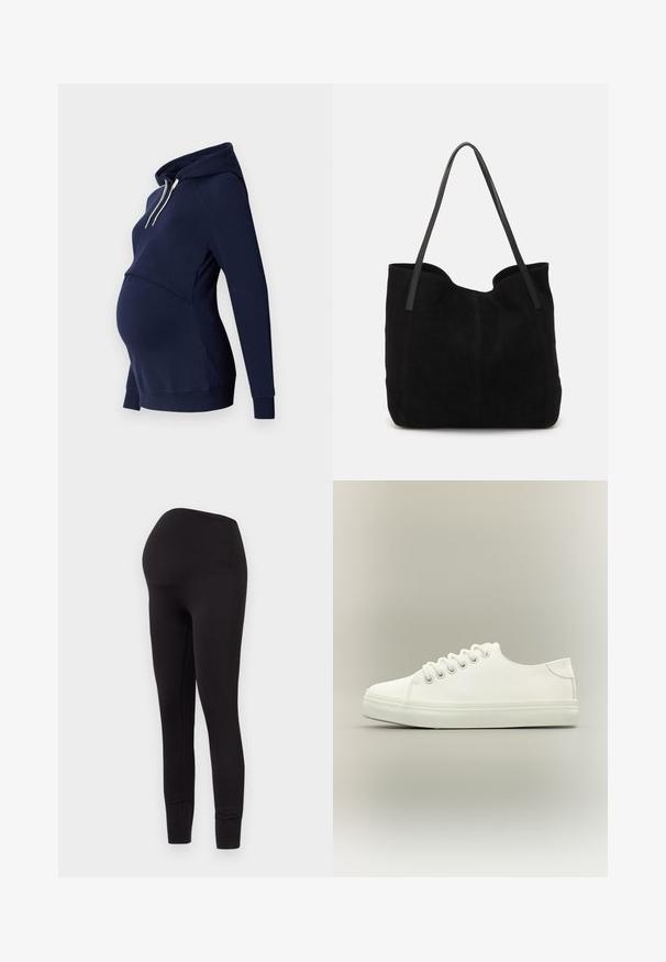 Sweat à capuche bleu marine avec une couture avant incurvée, conçu pour le maternité, avec des manches longues et une texture douce.; Leggings de maternité noirs en tissu extensible et lisse. Le design comprend une taille haute pour accueillir un ventre qui pousse. La longueur arrive jusqu'à la cheville.; Baskets basses blanches avec lacets blancs et semelle en caoutchouc, vues de côté sur un fond neutre.; Sac fourre-tout en suède noir avec deux longues anses en cuir plates. Présente un bord supérieur incurvé et des coutures visibles sur le devant. Pas d'accents en métal.