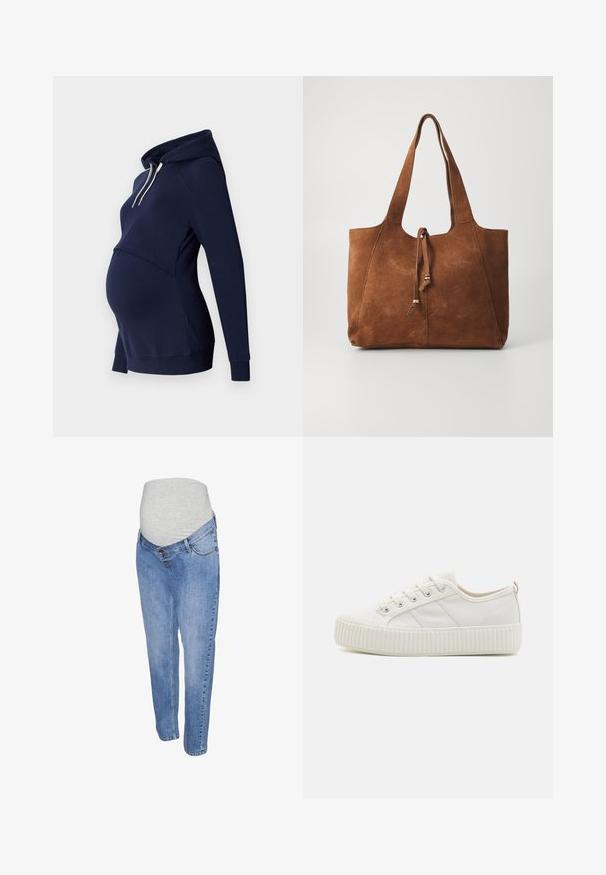 Navyblauwe hoodie met een gebogen voornaad, ontworpen voor zwangerschapskleding, met lange mouwen en een zachte textuur.; Zwangerschapsjeans van lichtblauwe denimstof, met een rechte pasvorm en een grijze elastische buikband voor extra comfort.; Witte canvas sneakers met een gestructureerde rubberen zool, ronde neus en vetersluiting met drie zijstrepen.; Bruine suede tote bag met twee lange handvatten, trekkoordsluiting en een gladde textuur. Kenmerkt zich door een eenvoudig ontwerp en minimale accenten.