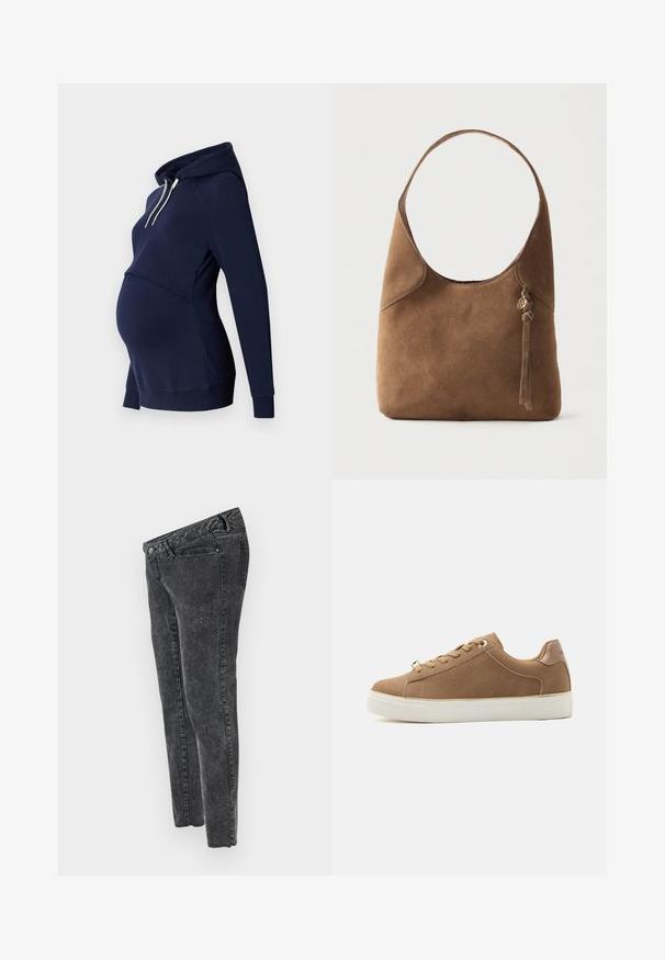 Mørkeblå hættebluse med en buet frontfælling, designet til gravide, med lange ærmer og en blød tekstur.; MAMALICIOUS Slim fit Mid waist Raw hems - Jeans Slim Fit - grey denim; Anna Field Sneakers - cognac; Brun ruskind skuldertaske med enkelt rem, buet top og en lille kvast med en guldbeklædning på siden mod en ensfarvet baggrund.