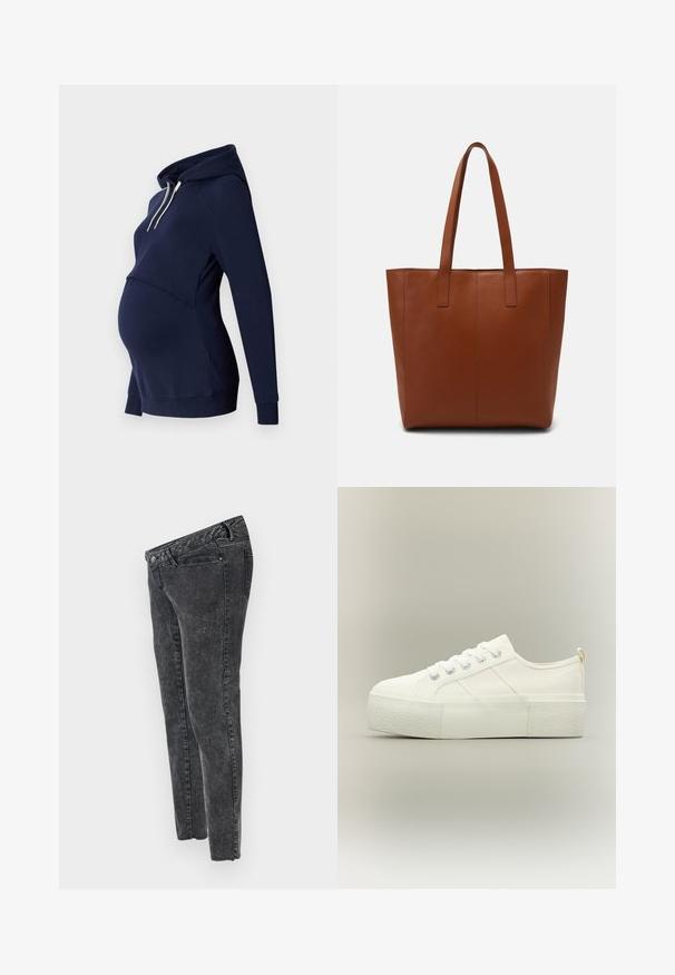 Sudadera con capucha azul marino con una costura delantera curva, diseñada para el uso durante el embarazo, con mangas largas y una textura suave.; MAMALICIOUS Slim fit Mid waist Raw hems - Vaqueros slim fit - grey denim; Zapatilla de plataforma blanca con suela gruesa y texturizada, cordones delanteros y detalles sutiles de costura sobre un fondo neutro.; Bolsa de tote de cuero marrón con una textura suave, con detalles de costura vertical y dos asas planas. Diseño de apertura en la parte superior, interior espacioso.