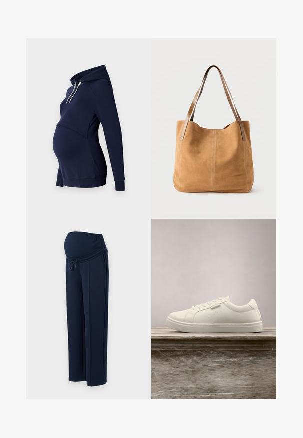 Mørkeblå hættebluse med en buet frontfælling, designet til gravide, med lange ærmer og en blød tekstur.; Mørkeblå graviditetsbukser lavet af blødt stof, med en elastisk talje og justerbar snor, samt to sidelommer for ekstra bekvemmelighed.; Hvide lædersneakers med snørebånd svævende over en træbænk, grøn høj græs sløret i baggrunden udendørs.; Beige ruskindtaske med lange lysebrune læderstropper, blød tekstur og enkel syning på en ensfarvet hvid baggrund.