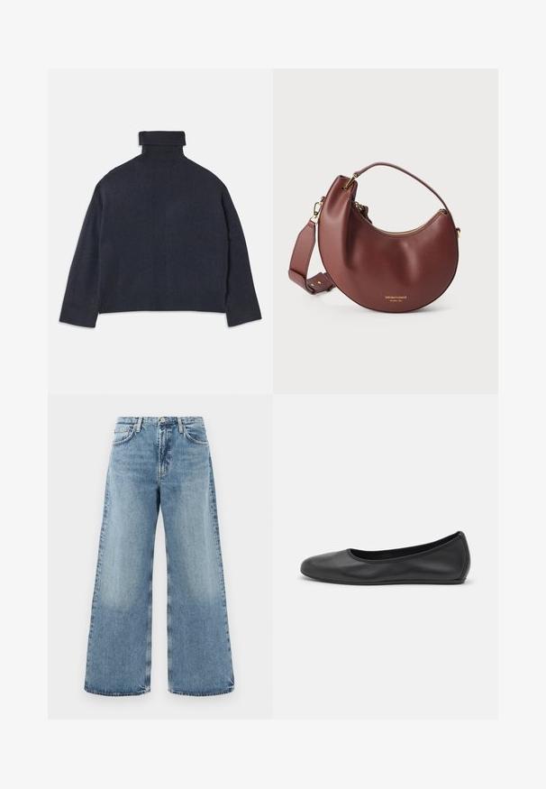 Pull en col roulé bleu marine avec un col en côtes et une texture détaillée. Coupe ample, manches longues et motifs verticaux subtils.; Jean large en denim bleu clair avec taille haute, design traditionnel à cinq poches, coutures visibles et finition à bord brut.; Ballerines en cuir noir avec un bout rond, texture lisse, détails de couture minimalistes et design de semelle flexible.; Sac à main en cuir marron en forme de croissant avec fermeture éclair dorée et bandoulière réglable sur fond blanc.
