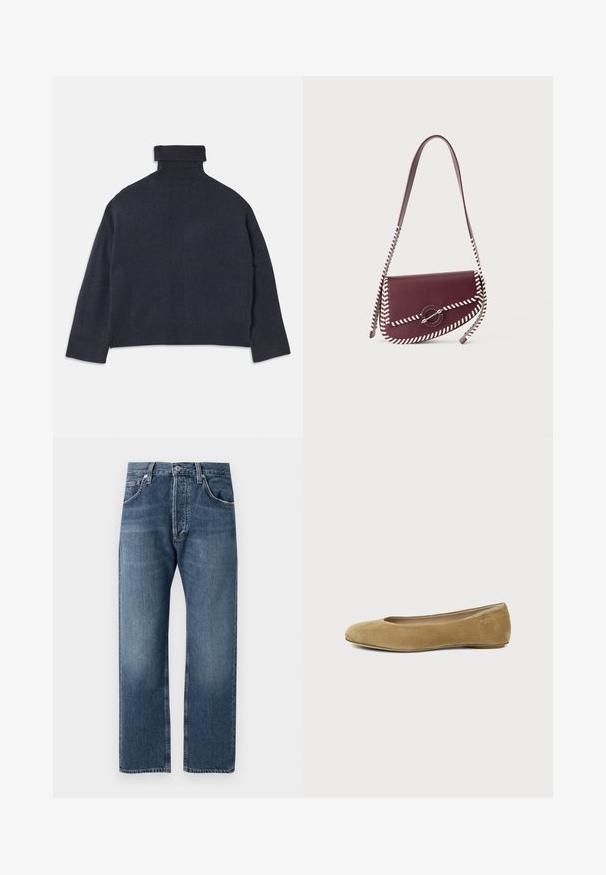 Marineblauer Rollkragenpullover mit geripptem Kragen und detaillierter Textur. Lockere Passform, lange Ärmel und dezente vertikale Muster.; Blaue gerade geschnittene Jeans aus Denim mit klassischem Fünf-Taschen-Design und Knopfverschluss, vor einem weißen Hintergrund präsentiert.; Ein einzelner hellbrauner Wildleder-Ballettschuh mit abgerundeter Spitze und niedrigem Absatz, von der Seite auf weißem Hintergrund gezeigt.; Dunkelrote Leder-Umhängetasche mit weißem Whipstitch-Saum und einem runden Metallverschluss an der Vorderklappe.