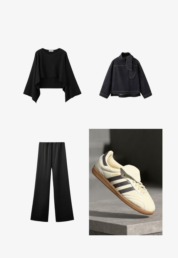 Haut noir court avec de larges manches longues fluides et un col rond, en tissu doux.; Veste en denim foncé avec un col haut, des manches longues, et un détail unique semblable à une écharpe. Des surpiqûres contrastantes mettent en valeur le design et la forme.; Pantalon noir à jambes larges avec une ceinture élastique, fabriqué en tissu lisse, présenté à plat sur un fond blanc.; Baskets en cuir crème avec trois bandes sombres, une semelle extérieure en gomme marron et un bout arrondi. Présentent une languette pliable étiquetée "SAMBA."