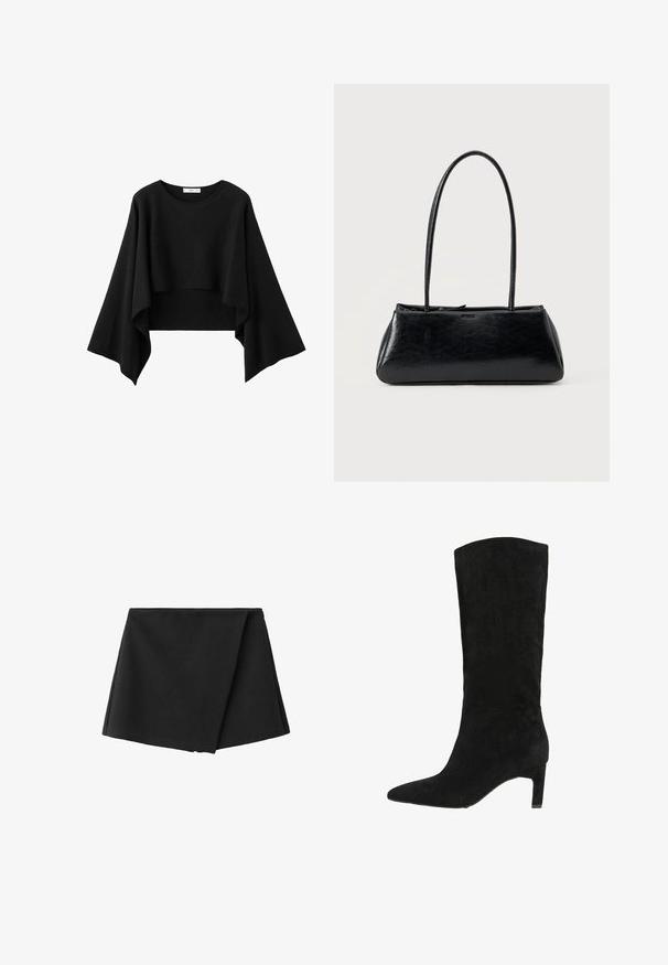 Haut noir court avec de larges manches longues fluides et un col rond, en tissu doux.; Mini-jupe portefeuille asymétrique noire avec des lignes épurées et sans motifs ni ornements visibles.; Botte noire en suédine arrivant au genou, avec un bout pointu et un petit talon. Texture lisse sans embellissements ni motifs visibles.; Sac à épaule rectangulaire noir avec de longues bretelles fines et une texture lisse et brillante sur un fond uni.