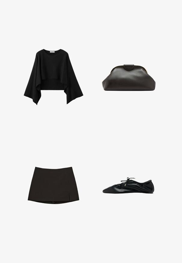 Haut noir court avec de larges manches longues fluides et un col rond, en tissu doux.; Mini-jupe noire en tissu lisse, avec une coupe droite, des fentes latérales et un ourlet net. Simple et polyvalente.; Ballerine plate en cuir noir avec bout froncé et lacet à nouer orné d'embouts métalliques, vue latérale minimaliste et élégante.; Pochette en cuir noir souple avec un cadre arrondi et une petite fermeture à languette en haut au centre.