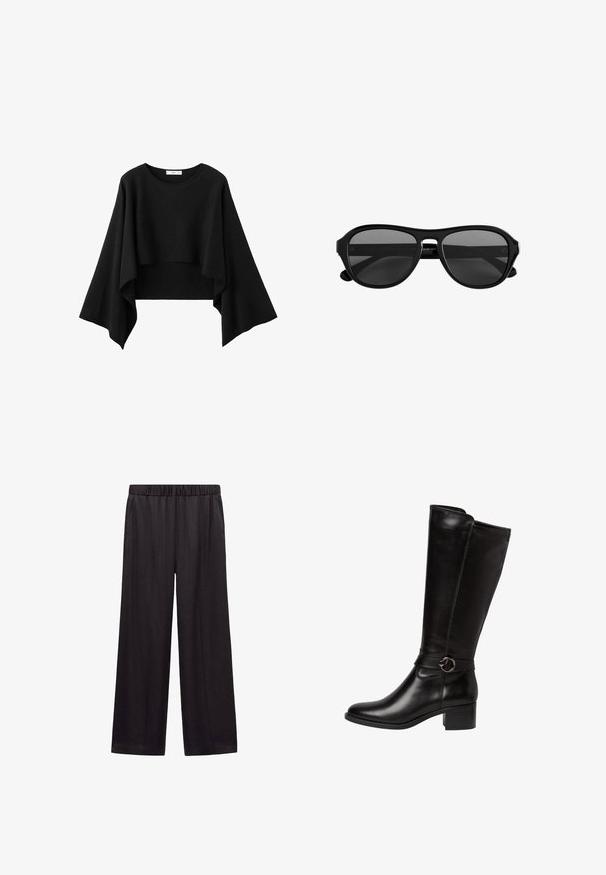 Haut noir court avec de larges manches longues fluides et un col rond, en tissu doux.; Pantalon noir à jambes larges avec ceinture élastique et poches latérales, en tissu lisse conçu pour le confort et un port décontracté.; Botte en cuir noir montante avec un bout arrondi, une sangle décorative avec une boucle circulaire, et un petit talon carré. Texture lisse et brillante.; Lunettes de soleil à monture en plastique noir avec des verres teintés foncés et un pont étroit, vues de face sur un fond blanc.