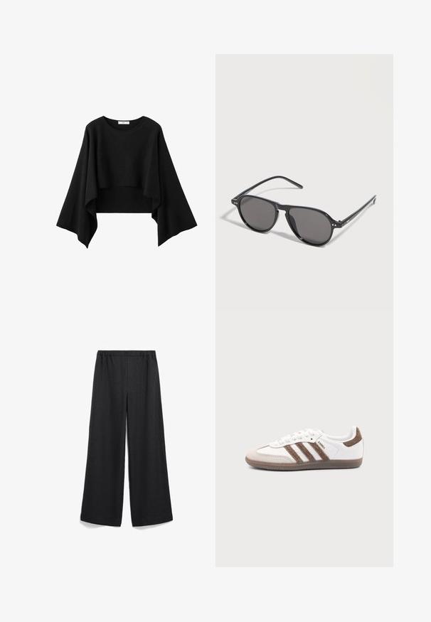 Zwart cropped top met wijde, vloeiende lange mouwen en een ronde halslijn, gemaakt van zachte stof.; Ruime zwarte broek met een elastische tailleband. Gemaakt van lichte stof, met een zachte textuur en zonder zichtbare patronen of accenten.; Witte Adidas Samba sneaker met bruine suède strepen, bruine rubberen zool en beige suède neuskap, getoond vanaf de buitenkant op een effen achtergrond.; Zwarte zonnebril met ronde monturen en donker getinte glazen, rustend op een wit oppervlak, licht naar rechts gekanteld.