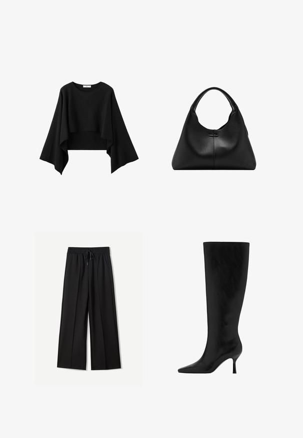 Zwart cropped top met wijde, vloeiende lange mouwen en een ronde halslijn, gemaakt van zachte stof.; Zwarte wijde broek van zachte stof. Voorzien van een elastische tailleband met een trekkoord en twee zijzakken. Platte voorkant met plooien.; Zwarte leren hoge laars tot de knie met een spitse neus en stiletto hak. Glad textuur met een slank ontwerp, zonder zichtbare hardware of versieringen.; Zwarte handtas van getextureerd leer met een enkele gebogen handgreep en een brede, halve maanvormige body.