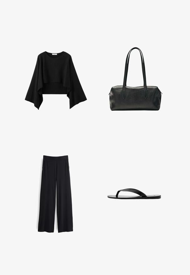 Zwart cropped top met wijde, vloeiende lange mouwen en een ronde halslijn, gemaakt van zachte stof.; Zwarte, wijde broek met een soepele textuur en elastische tailleband. Voorzien van zijzakken en een losse pasvorm voor comfort.; Zwarte platte flip-flop sandaal met dunne Y-vormige band en gladde zool, zijaanzicht tegen witte achtergrond.; Zwarte rechthoekige leren handtas met twee lange schouderbanden en een ritssluiting aan de bovenzijde.