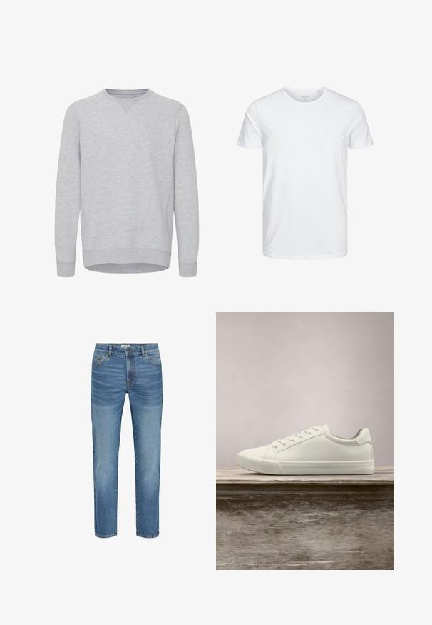 Sweatshirt gris en tissu doux, avec un col rond et des manches longues. Un petit logo est brodé sur la poitrine.; T-shirt à col rond à manches courtes de couleur blanche unie, fabriqué en coton doux, avec un design simple sans motifs ni accents visibles.; Jean en denim bleu clair avec un design classique à jambe droite, comportant cinq poches, une fermeture à bouton en métal et un léger décoloration sur le tissu.; Sneaker en dentelle blanche flottant au-dessus d'un banc en bois avec un feuillage vert en arrière-plan, mettant en valeur le design et la texture de la chaussure.