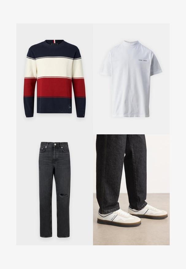 Streifenpullover in Marineblau, Creme und Rot mit gerippter Struktur und Rundhalsausschnitt. Horizontale Farbstreifen in unterschiedlichen Breiten. Etikett am Saum sichtbar.; Weißes Baumwoll-T-Shirt mit hohem Ausschnitt und kurzen Ärmeln. Mit schwarzem "SAMSØE SAMSØE" Logo auf der Vorderseite. Glatte Textur.; Schwarze Denim-Jeans mit geradem Bein, featuring ein zerrissenes Knie, Fünf-Taschen-Design und Metallbeschläge an der Taille und den Taschen.; Weiße und hellgraue Sneakers mit einem strukturierten Obermaterial aus Wildleder und Leder, brauner Gummisohle und navyblauem Akzentstreifen. Getragen mit dunklen Jeans.