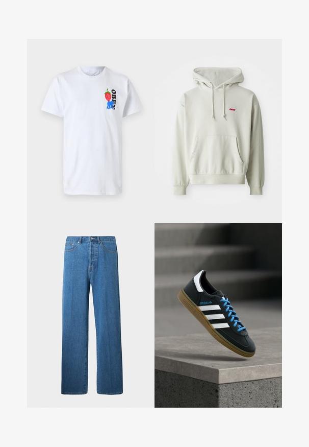 Sudadera con capucha de color gris claro hecha de algodón suave, que presenta un bolsillo frontal, cordones y un logo rojo de "OBEY" en el pecho.; Camiseta de algodón blanca con un gráfico de fresa roja, una ilustración de mano azul y la palabra "OBEY" en negro en la parte izquierda del pecho.; Jeans de mezclilla azul claro con corte recto. Presentan cinco bolsillos, un cierre de botón y detalles de costura mínimos.; Zapatilla negra Adidas con franjas blancas, cordones azules y suela de goma flotando sobre un escalón de hormigón gris con luz suave.