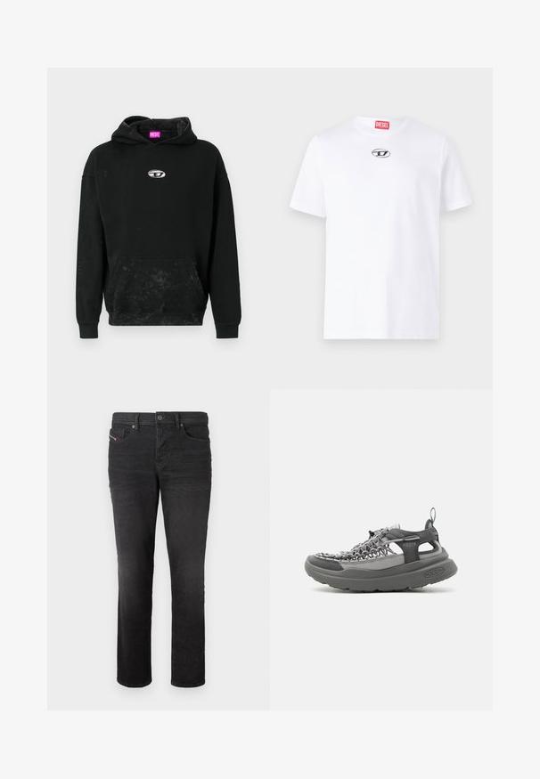 Schwarzer Hoodie aus Baumwollmix, mit einer Front-Kängurutasche, einem silbernen Logo-Accent und einer strukturierten Oberfläche mit subtilen Verfärbungen.; Weißes Baumwoll-T-Shirt mit kurzen Ärmeln, runder Halslinie und einem silbernen Diesel-Logopatch auf der Brust. Einfaches Design, einfarbig.; Schwarze Denim-Jeans mit geradem Bein, ausgestattet mit fünf Taschen, einem Knopfverschluss und subtilen Nähdetails auf der Vorderseite.; Sportliche graue Sandale mit gewebtem Obermaterial, dicker gepolsterter Sohle, Fersenschlaufe und verstellbarem Kordelverschluss für Outdoor- und den Freizeitgebrauch.