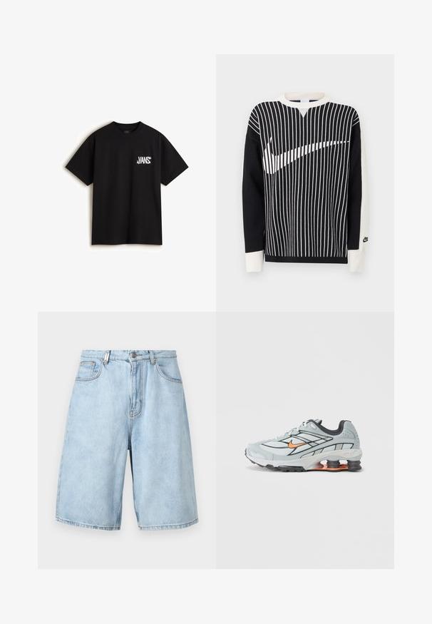Sort-hvid langærmet sweater med lodrette striber, der danner en stor Nike swoosh tværs over forsiden og et lille Nike-logo på venstre ærmekant.; Vans CHAOS - T-shirts print - black; Lys blå denimshorts med løs pasform, der har to forlommer, lynlås og synlige stikninger.; Lyst grå løbesko med sorte detaljer, orange logo, mesh-overdel, polstret krave og gummisål med synlige stødabsorberende enheder.