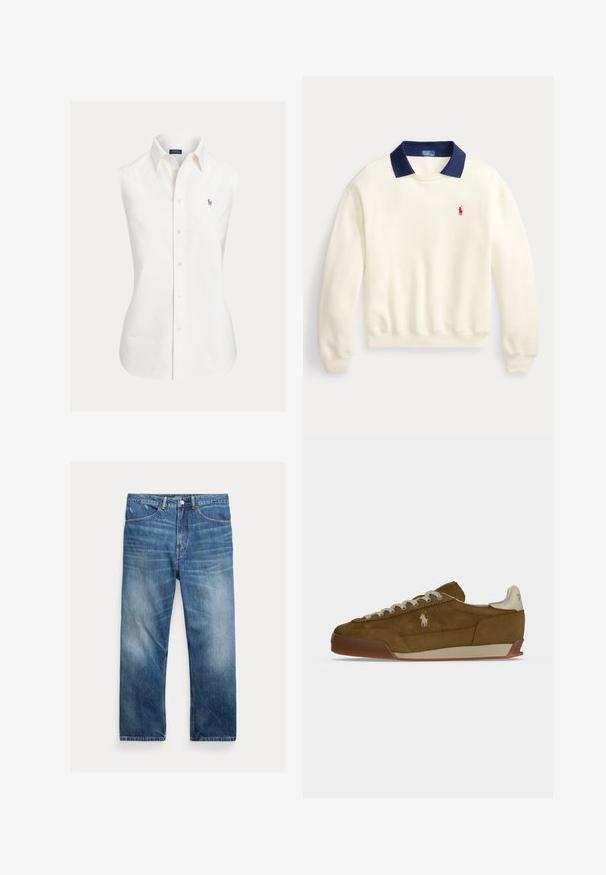 Krémový sveter s dlhým rukávom, námornícky modrým golierom a malým červeným logom Polo Ralph Lauren na ľavej strane hrude.; Biele bezrukávové tričko z bavlny, s cípatým golierom, predným zapínaním na gombíky a malým vyšívaným logom na ľavej strane.; Modré prané denimové džínsy s rovnými nohavicami, prednými vreckami, pútkami na opasok a blednúcimi detailmi na stehnách a kolenách.; Hnedá semišová teniska s krémovými šnúrkami, hrubou podrážkou a malým bielym vyšitým logom na boku.
