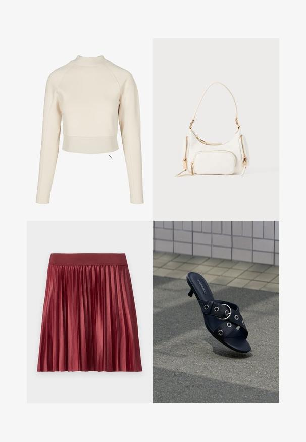 Crème cropped sweatshirt met een hoge hals, lange raglanmouwen en een geribbelde zoom. Gemaakt van zacht, glad stof met een minimalistisch ontwerp.; Plissérok gemaakt van glanzende, bordeauxrode stof met een brede, elastische tailleband. De lengte is boven de knie en heeft verticale plooien over de hele rok.; Zwarte sandaal met hak en gekruiste banden met zilveren ogen en een ronde gesp, geplaatst op een getextureerde bestrating naast een betegelde muur.; Witte handtas met een korte schouderband, gestructureerde oppervlakte, meerdere ritszakken en accenten in goudkleurige hardware. Compact en modern ontwerp.
