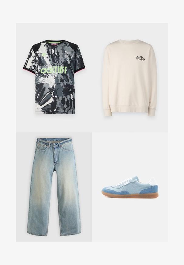Wrangler Sudadera - vintage white; Camiseta deportiva de manga corta y cuello redondo con un estampado abstracto en negro, blanco y gris; presenta un logo "adiTUFF" en verde neón y acentos en rosa.; Vaqueros de mezclilla de pierna ancha de color azul claro con un acabado desgastado. Presentan un diseño estándar de cinco bolsillos y cierre con botón metálico.; Zapatilla baja con paneles en azul claro y mezclilla, cordones blancos, lengüeta trasera blanca y suela de goma color caramelo, vista de perfil.