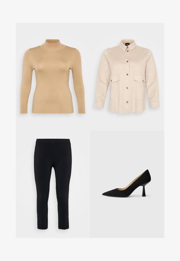 Beige rullekravebluse med lange ærmer, ribbet tekstur, tætsiddende design og høj krage. Glat materiale uden synlige udsmykninger.; Beige, langærmet skjorte lavet af ruskindslignende materiale, med krave, to forlommer og knaplukning med mørke knapper.; Sorte skræddersyede bukser med en tætsiddende design, glat tekstur og knaplukning i taljen. Ankellængde med minimal detaljering.; Sorte ruskinds højhælede pumps med spids tå, der har en blank sort blokhæl og en glat indvendig foring.