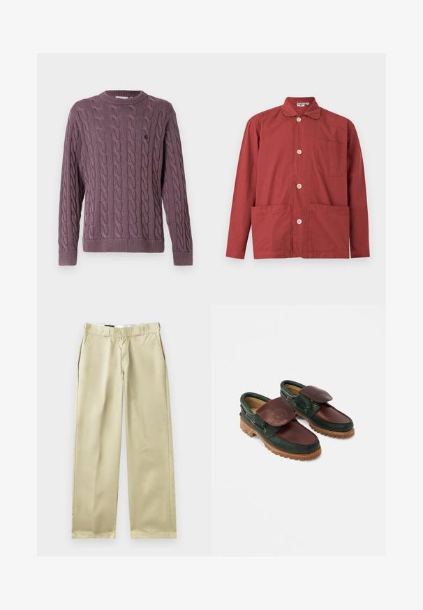 Pull en maille torsadée mauve, avec un col rond et des poignets côtelés, agrémenté d'un petit logo sur la poitrine pour plus de détails.; Veste à manches longues couleur rouge rouille avec boutons, col, une poche poitrine et deux poches frontales basses, posée à plat sur fond blanc.; Pantalon beige à coupe droite, fabriqué dans un tissu lisse. Comprend des poches latérales et une taille classique avec passants de ceinture.; Chaussures en cuir avec un corps vert foncé, un dessus bordeaux, un bout rond, un rabat sécurisé et une semelle en caoutchouc texturée avec des rainures.