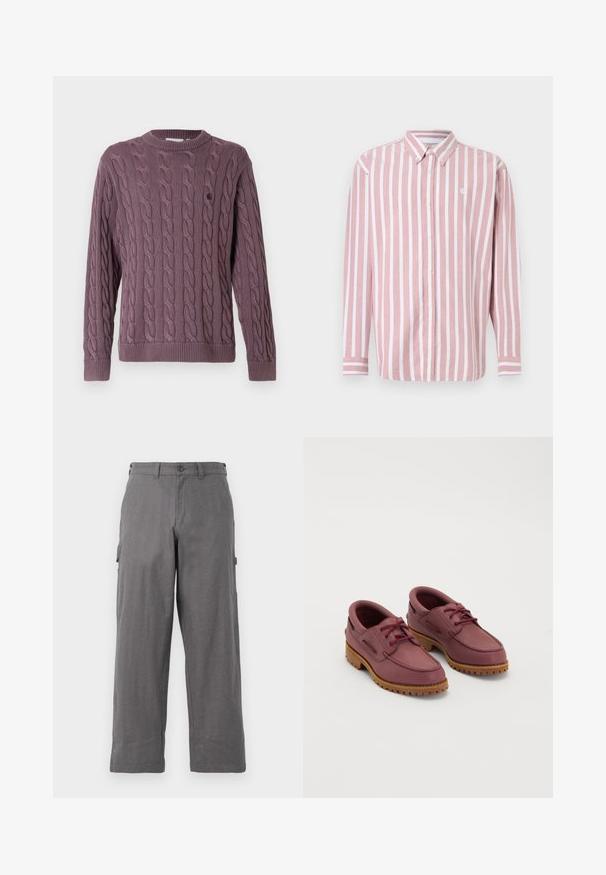 Pull en maille torsadée mauve, avec un col rond et des poignets côtelés, agrémenté d'un petit logo sur la poitrine pour plus de détails.; Chemise à boutons rayée rose et blanche. Comprend un col, des manches longues et un petit logo. Fabriquée en tissu tissé.; Pantalons cargo gris avec une coupe droite, fabriqués en tissu durable. Comprend des poches latérales et une fermeture à bouton à la taille.; Une paire de chaussures bateau en cuir bordeaux avec des semelles en caoutchouc tan épaisses et des lacets rouges sur un fond blanc.