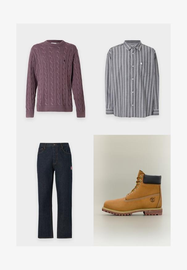 Cabletrui in mauve met een geribbelde ronde hals en manchetten, voorzien van een klein logo op de borst voor extra detail.; Grijze shirt met lange mouwen met verticale witte strepen, knoopsluiting aan de voorkant, borstzak en klassieke kraag, plat liggend op een witte achtergrond.; Donkerblauwe denim jeans met rechte pijpen, klassiek vijfzakkenontwerp, sluiting met bovenste knoop en contrasterende oranje stiksels. Rode logopatch aan de zijkant.; Bruine leren enkellaars met zwarte kraag, gele veters en een zandkleurige zool. Voorzien van een logo en witte stikseldetails. Robuuste loopzool met grip.