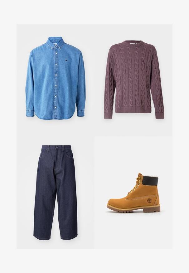 Striktrøje i kabelstrik i mauve, med ribstrikket rund hals og manchetter samt en lille logo på brystet som ekstra detalje.; Denim button-down skjorte, lyseblå i farven, med krave, lange ærmer og et lille logo på brystet. Har hvide knapper og syninger.; Mørkeblå denim jeans med en løs, bred ben-design. Funktioner inkluderer en knaplukning, frontlommer og synlige stikninger.; Brune læder ankelstøvle med metaløjer, hvid pelsforing, sort polstret krave, robust sål og præget logo på siden.