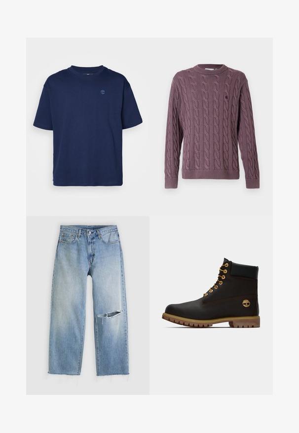 Striktrøje i kabelstrik i mauve, med ribstrikket rund hals og manchetter samt en lille logo på brystet som ekstra detalje.; Marineblå bomulds T-shirt med rund halsudskæring, korte ærmer og et lille, tonalt logo på brystet. Casual pasform, glat tekstur.; Lyseblå jeans med lige ben, en stor vandret rift på det højre knæ og frynsete kanter på en hvid baggrund.; Sorte læder ankelstøvle med gyldne øjer, brune detaljer og gummisål. Har en polstret krave og præget logo på siden.