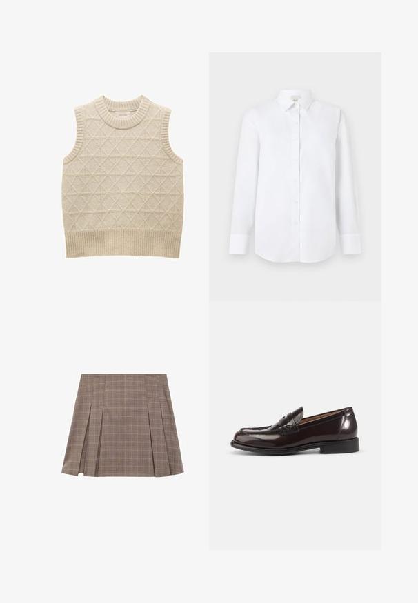Beige gebreide mouwloze sweater met ruitpatroon, geribbelde kraag en zoom, gemaakt van zacht materiaal voor comfort. Merkenlabel zichtbaar aan de binnenkant.; Witte lange mouwen shirt van gladde stof, met een knoopsluiting aan de voorkant, klassieke kraag en afgeronde zoom met geknoopte manchetten.; Bruine geruite plisseerminirok met zijsplitten en een hoge taille, voorzien van een subtiele ruitenpatroon.; Donkerbruine gepolijste leren heren penny loafer met lage hak en gestikte details op witte achtergrond.