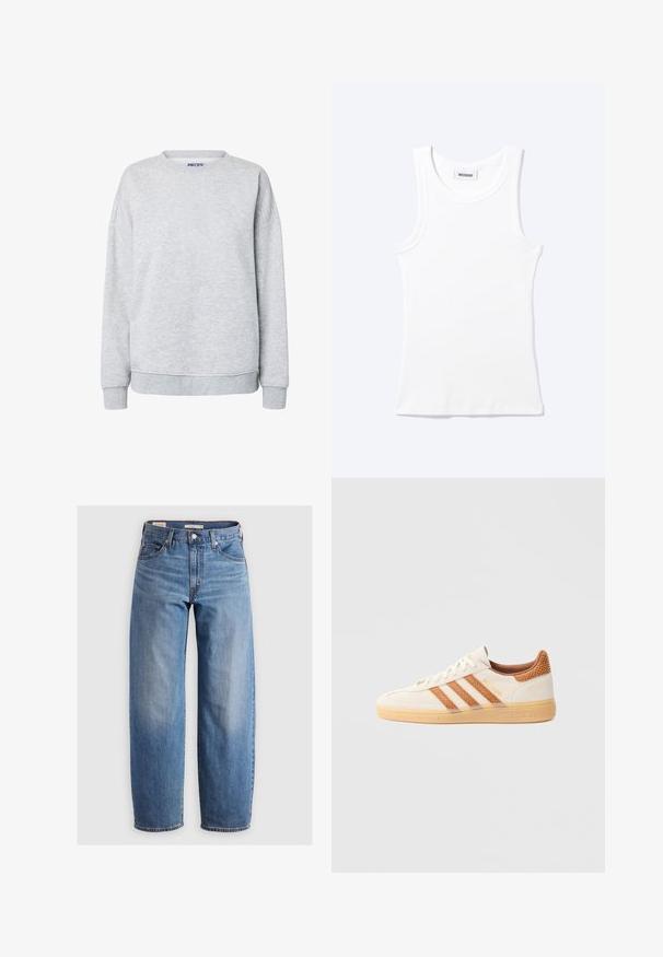 Sudadera gris claro con cuello redondo, mangas largas y puños y bajo acanalados, diseño sencillo sin gráficos ni texto.; Camiseta sin mangas blanca con textura de canalé, cuello redondo y una pequeña etiqueta que dice "WEEKDAY" en el interior del cuello.; Jeans de pierna recta de un azul claro, hechos de denim. Presentan un diseño clásico de cinco bolsillos y un ligero desvanecimiento a lo largo de las piernas.; Zapatilla blanca de ante con acentos de malla marrón claro y tres rayas marrones. Cuenta con una suela de goma texturizada y la marca "SPEZIAL" en el lateral.
