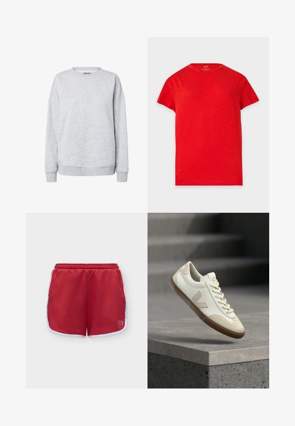 Sweat-shirt gris clair à col rond avec manches longues et poignets et bas en côtes, design simple sans graphismes ni texte.; T-shirt rouge uni à manches courtes avec un col rond, exposé à plat sur un fond clair. Aucun motif ou graphique visible.; Short de sport rouge avec bordure blanche, taille élastique, poches latérales et petit logo blanc sur la partie inférieure de la jambe droite.; Baskets blanches et beige avec semelle gomme flottant au-dessus d'une surface en béton gris avec des escaliers flous en arrière-plan.