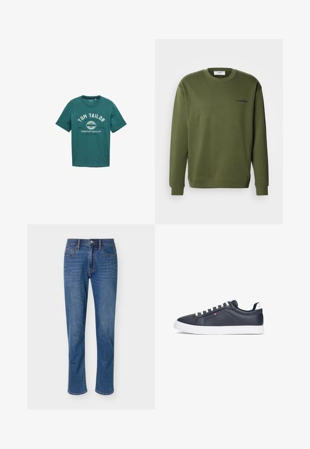 Olivgrüner Sweatshirt mit langen Ärmeln aus weicher Baumwolle, ausgestattet mit einem gerippten Rundhalsausschnitt und Bündchen sowie dezenten marineblauen Stickereidetails.; Türkisfarbiges T-Shirt mit kurzen Ärmeln aus Baumwolle, mit Rundhalsausschnitt und weißem Drucktext "TOM TAILOR" sowie Designdetails auf der Vorderseite.; Blaue Jeans mit geradem Bein, vorne mit Knopf- und Reißverschluss, fünf Taschen und dezentem Verblassen an den Oberschenkeln.; Marineblaue Leder-Sneaker mit weißen Gummisohlen, einem schlanken Design, kontrastierenden weißen Schnürsenkeln und dezentem Logodetail.